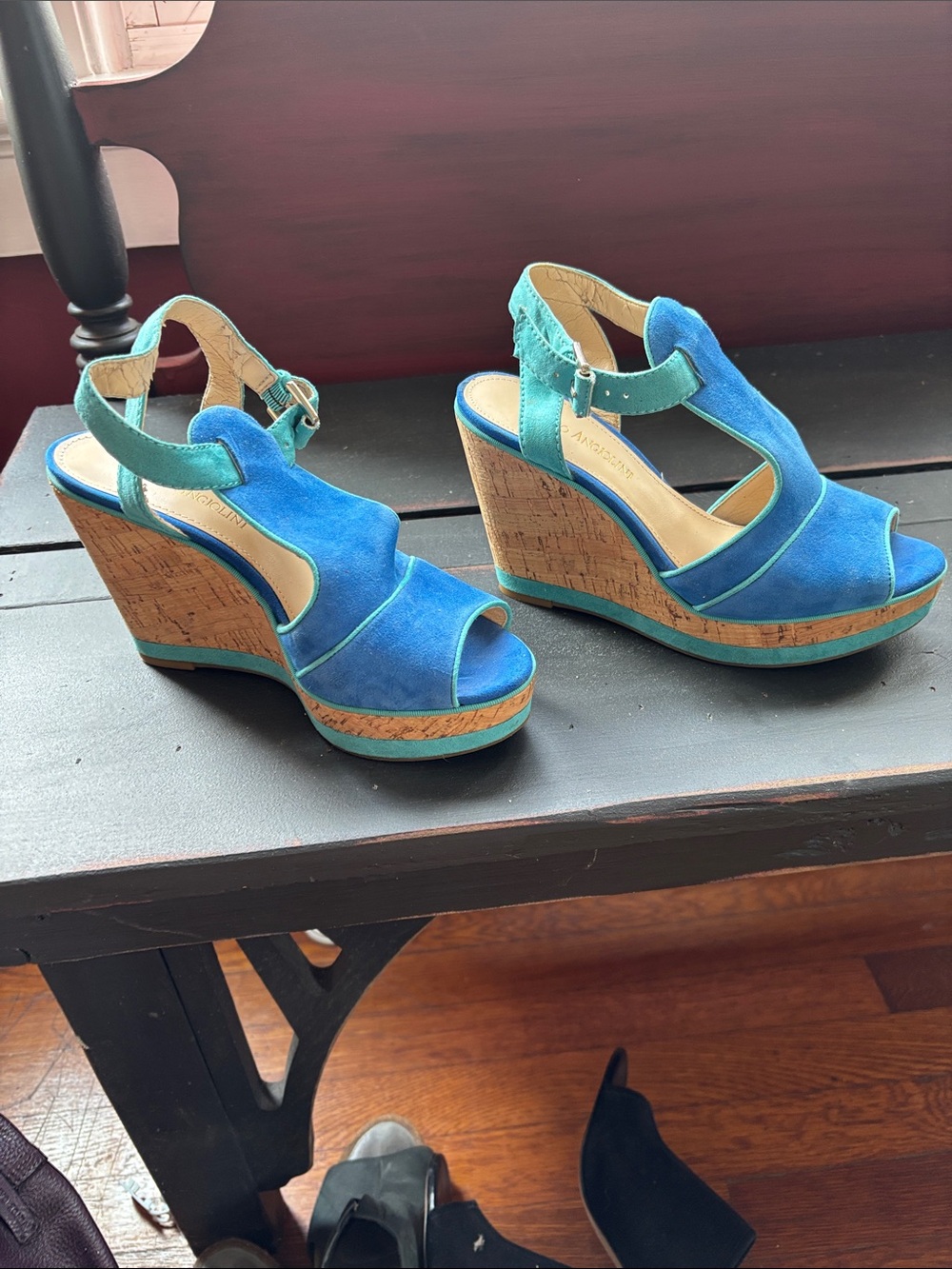 Blue and aqua Suede Cork Wedge Sandals with Ankle Strap